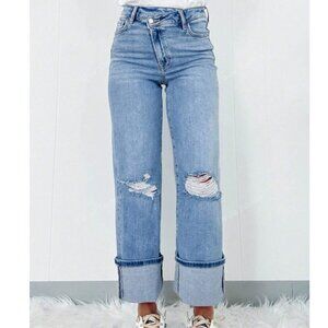 Shein Distressed Denim Crisscross Jean Size 6(M) Cuffed Hem